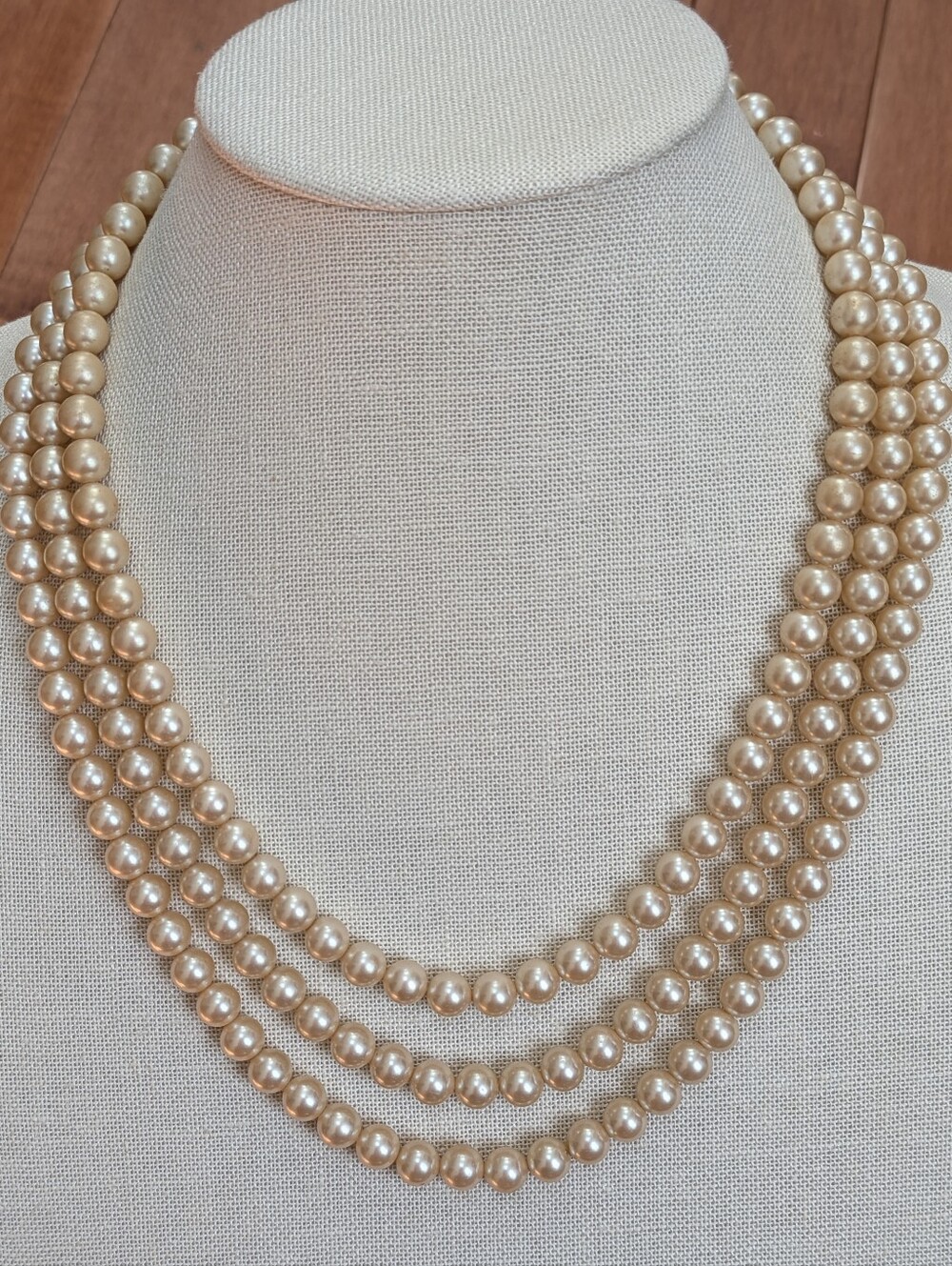 Vintage CAROLEE 3-Strand Glass Pearl Necklace – Rhinestone Clasp